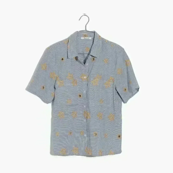 MadeWell  Star Embroidered Blouse size xs blue stripped w yellow ⭐️ - Picture 2 of 9